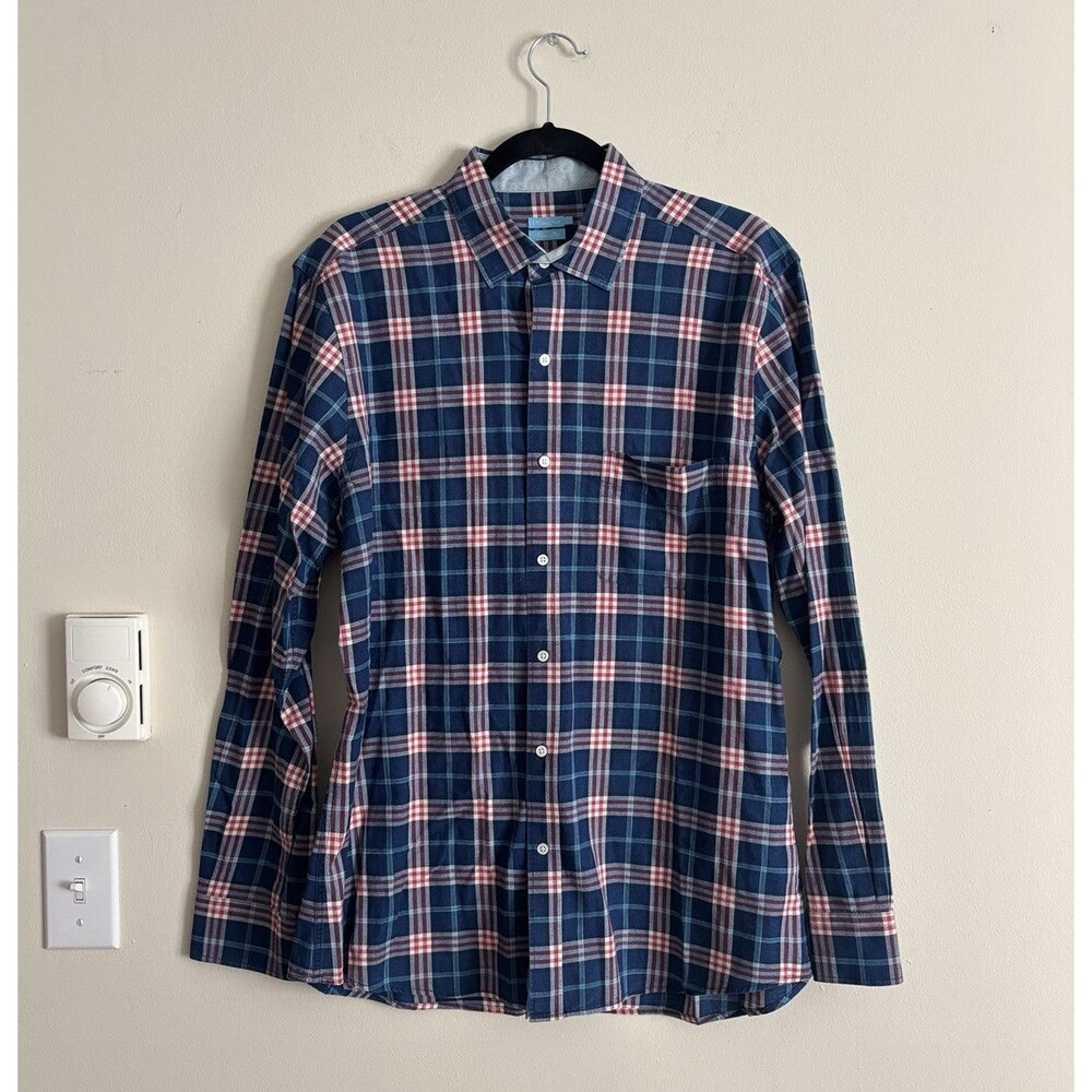J. McLaughlin Mens Large Trim Fit‎ Casual Button Up Shirt Plaid Preppy Red Blue
